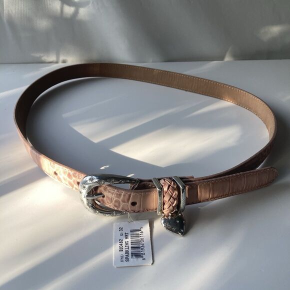 NEW Brighton Women’s Pink Croc Leather Belt ML 32 Sparkling Heart B10482 VTG - Picture 2 of 16